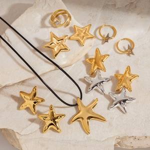 Star-themed titanium steel jewelry set with necklace and rings on natural stone