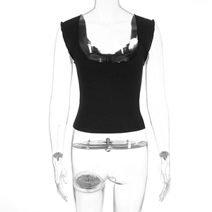 Detail view of the square neck and slim fit tailoring on a black sleeveless tank top