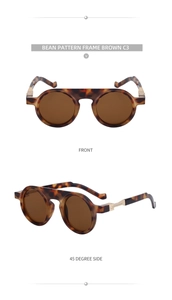 Detail view of round tortoiseshell frames and brown lenses from multiple angles
