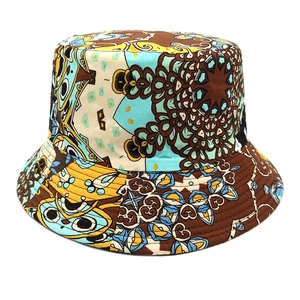Detailed close-up of a colorful geometric pattern on a canvas sun protection bucket hat