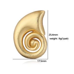 Detailed view of spiral shell earrings in gold metal with dimensions 25.4mm and 9g weight