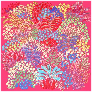 Peach pink square silk scarf with vibrant floral patterns and elegant botanical prints