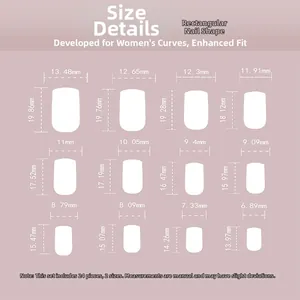 Detailed size chart for pink coffin press-on nails showing 12 different nail dimensions