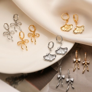 Bow And Ginkgo Leaf Earrings Copper With Zircon Inlaid Gold Silver Plated Hoop Drop Sweet Jewelry For Women