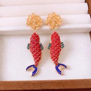 Exquisite koi carp tassel earrings with gold flower studs and red enamel fish pendants