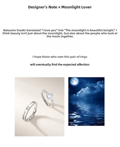 Detailed view of silver couple rings with moonstone and cubic zirconia in romantic design