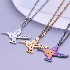 Polished 18K gold stainless steel hummingbird pendant necklaces in silver, gold, and rainbow