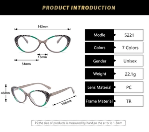 Detailed dimension guide for cat-eye anti-blue light glasses with PC and TR material specs
