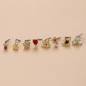 Eight gold nose studs with colorful zircon and opal in heart, flower, and star shapes