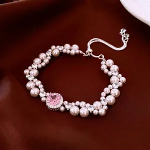 French style multi-layer pearl and pink gemstone pendant bracelet with silver slider clasp