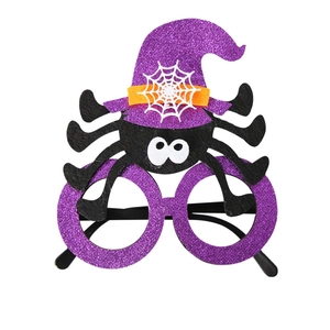 Halloween party glasses with purple glitter frames and a black spider witch hat design