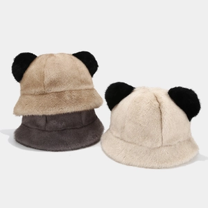 Winter plush bucket hats with cute bear ears in camel, dark coffee, and beige colors
