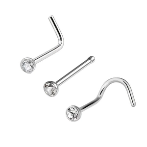 G23 titanium nose stud set with 5A zircon in L-shape, straight, and curved designs