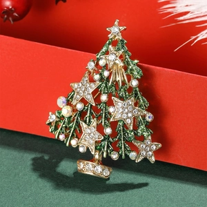 Eleganter Weihnachtsbaum-Anstecker mit grünem Emaille, goldenen Sternen und Straßsteinen