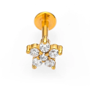 Golden flower labret stud with five clear zircons on a white background