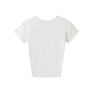Detailed view of the smooth modal stretch fabric and stitching on a white slim-fit T-shirt