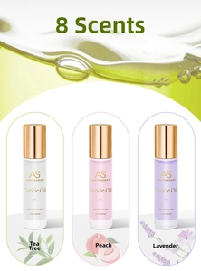 Detalle de frascos de aceite para cutículas de 10ml en aromas té, melocotón y lavanda