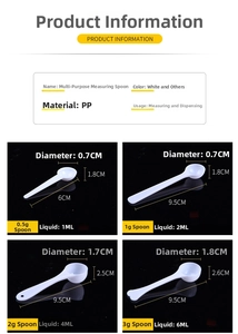 Detailed chart showing PP measuring spoon dimensions and capacity for 0.5g to 3g sizes
