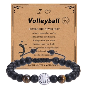 Detail von Volleyball-Perlenarmband mit schwarzen Perlen, Tigerauge und Geschenkkarte