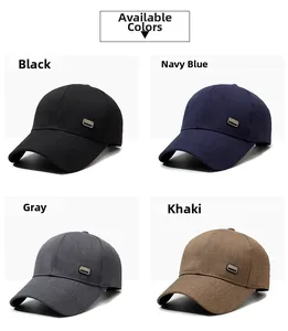 Details of men's baseball caps in black, navy, grey, and khaki with metal mountain badge