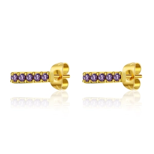 Boucles d'oreilles barre plaquées or avec six zircons violets ronds et reflet miroir