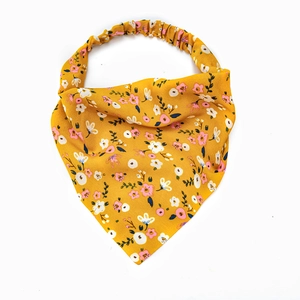 Pastoral ginger yellow floral triangle hair scarf with pink flowers and elastic band