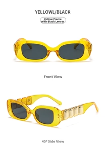 Macro detail of yellow sunglasses frame with gold metallic accents and dark grey lenses
