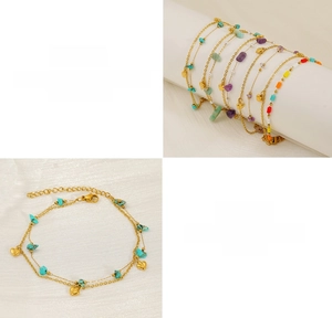 Detail of double-layer stainless steel anklets with natural stones and gold heart charms