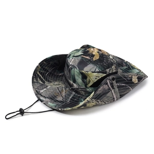 Leaf camouflage outdoor sun hat with wide brim and adjustable chin strap for fishing