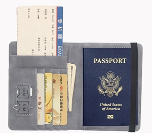 Macro view of grey faux leather passport holder showing RFID card slots and SIM card pockets