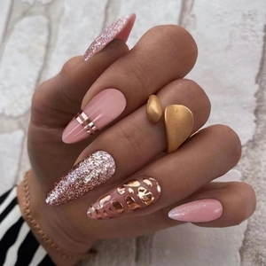 Press On Nails Long Almond Rose Gold Glitter Pink Metallic Stripe Leopard Print Art Fashion Fake Nails For Women