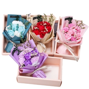 Soap flower bouquet gift box set with roses and carnations in four vibrant colors