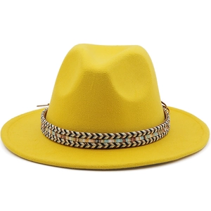 Classic bright yellow wool fedora jazz hat with ethnic braided band for men and women