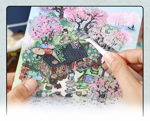 Détail macro de stickers 2.5D style chinois ancien avec fleurs de cerisier roses
