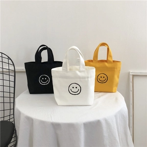 Smiley Face Canvas Handbag Mini Portable Tote Bag Handheld Lunch Bag Casual Student Women Shopping Bag
