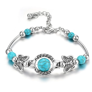 Pulsera De Turquesa Bohemia Vintage Brazalete De Cuentas De Aleación Con Dijes De Animales Mariposa Tortuga Mal De Ojo Para Mujer