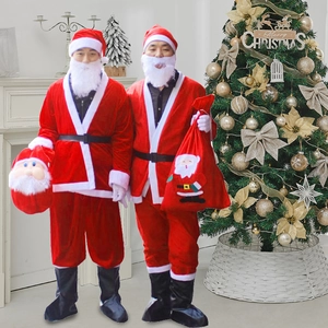 Adult Santa Claus Costume Christmas Outfit Velvet Holiday Wear Hat Top Pants Belt Beard Dress For Men Women