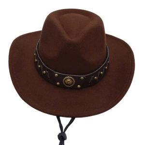 Dark brown cowboy felt hat with studded leather band and adjustable wind rope