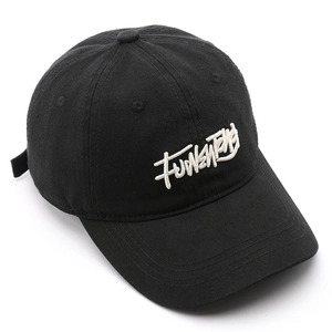Classic black cotton baseball cap with white letter embroidery and adjustable back strap