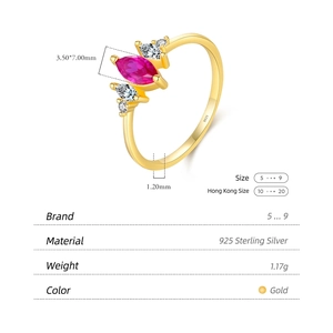 Elegant 925 sterling silver ring with marquise ruby and diamond accents shown with dimensions