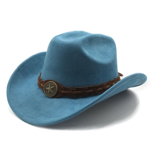 Classic light blue suede cowboy hat with brown braided band and vintage metal star emblem