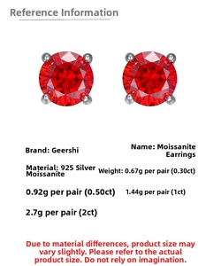 Detail view of red moissanite stud earrings in four-prong 925 silver settings