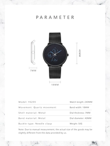 Detailed size parameter chart for black mesh band quartz watch showing 40mm case diameter