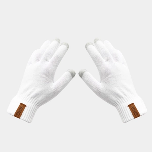 Detailed view of white touchscreen gloves with grey fingertips and leather logo patch