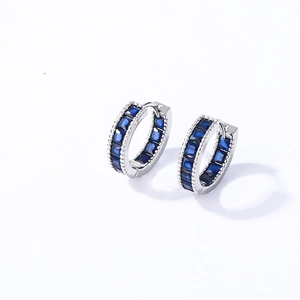 Silver hoops featuring square-cut blue cubic zirconia in a classic channel setting