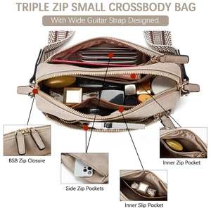 Detail of small beige crossbody bag with three zippers and wide geometric strap