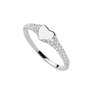 Elegant 925 sterling silver heart signet ring with micro-pave crystals on white backdrop