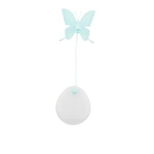 Electric butterfly cat toy with white egg-shaped base and rotating light blue butterfly