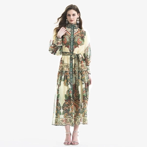 Retro paisley print long sleeve midi dress with lantern sleeves and belted waist