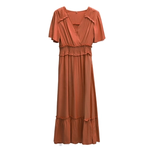 Elegant rust red V-neck maxi dress with smocked waist and ruffled short sleeves for women